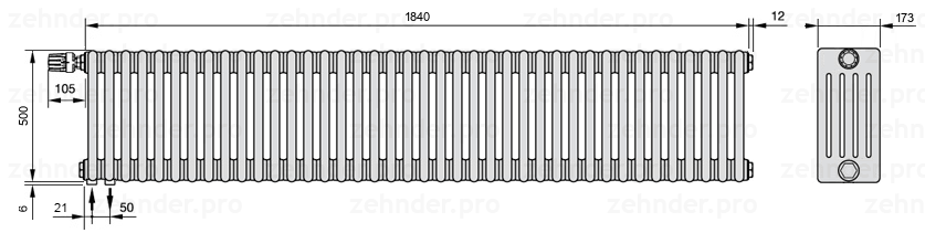 Схема (чертеж) Радиатор Zehnder Charleston 5050/40 №V001 Белый глянцевый RAL 9016